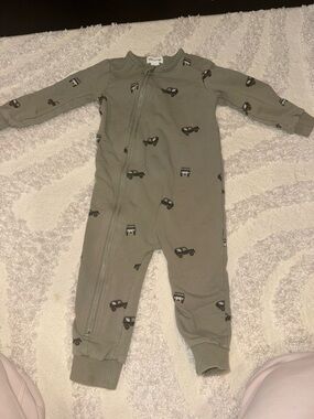 Olive Green Zip-Front Kids One-Piece with Car Print